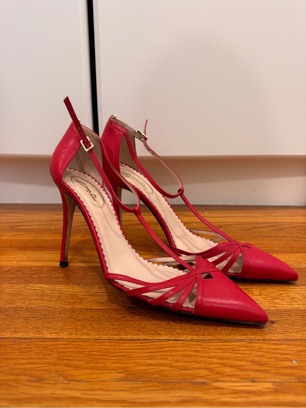 SJP Red Pointed-Toe Strappy High Heels